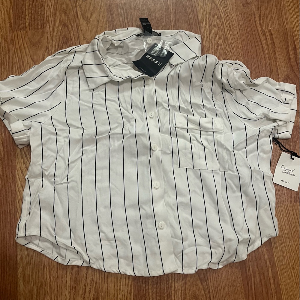 Forever 21 White Stripped Button Top